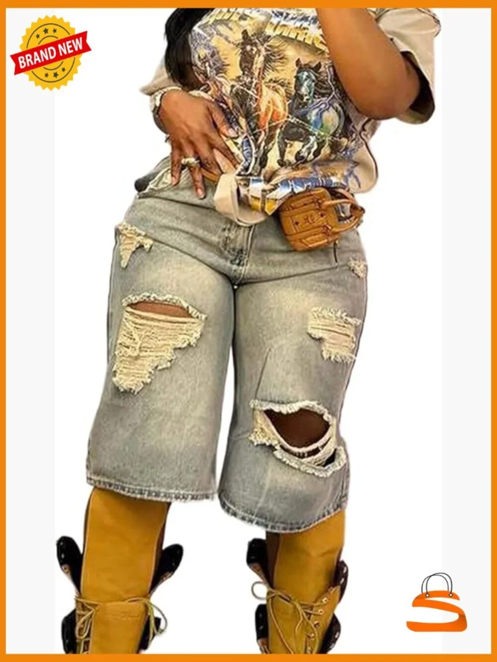 High Waisted Baggy Denim Shorts Ripped Distressed Wide Leg Bermuda Y2k